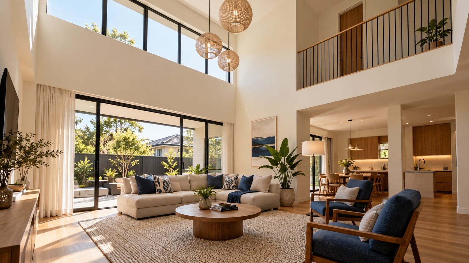 Double-height living room with high windows bringing daylight beneath an upper-floor void.