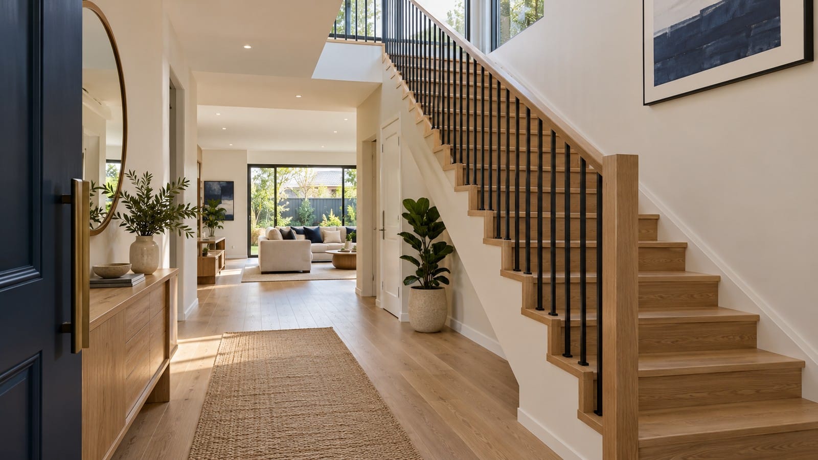 Staircase beside a clear entry passage leading to the main living area.