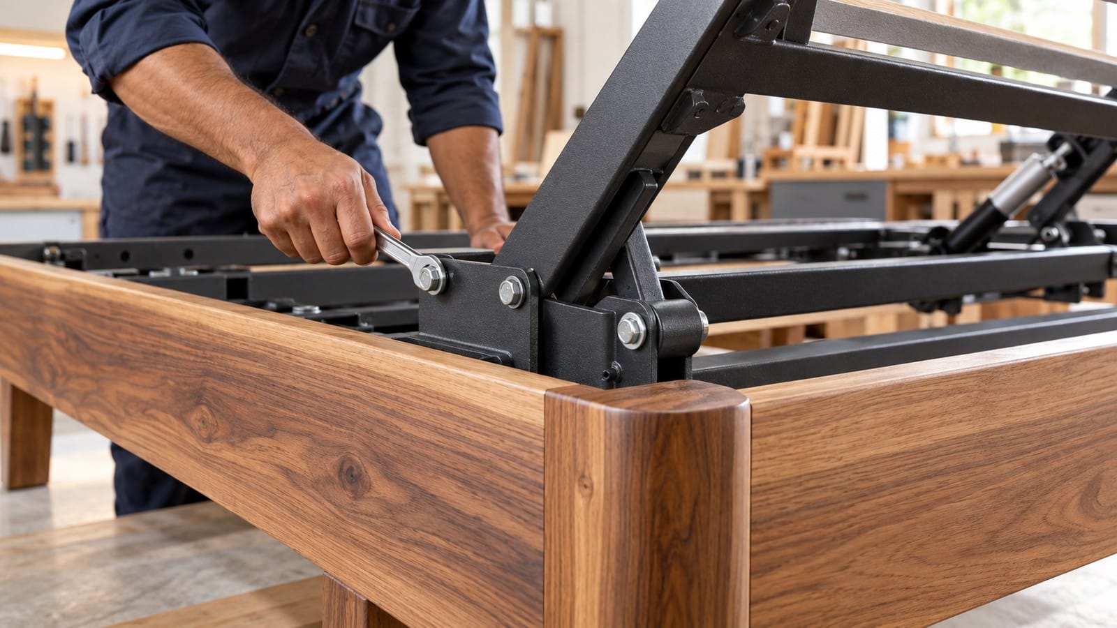 Craftsperson checking bolted steel joints within a timber adjustable-bed frame.