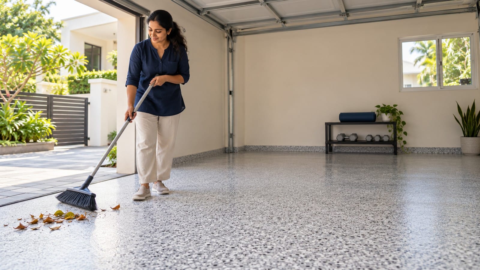 Indian homeowner sweeping a coated garage floor with exercise equipment stored neatly behind her.