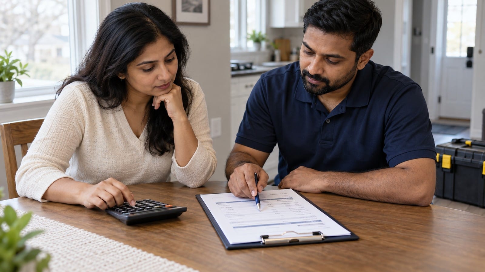 Homeowner and plumber reviewing an itemised emergency repair estimate with a calculator.