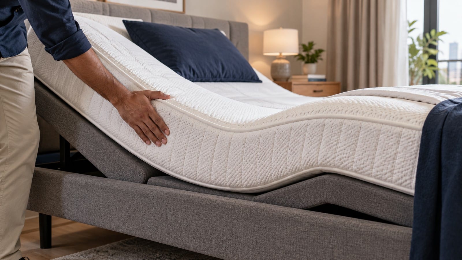 Flexible mattress following an adjustable bed base’s contours while a buyer checks its edge.