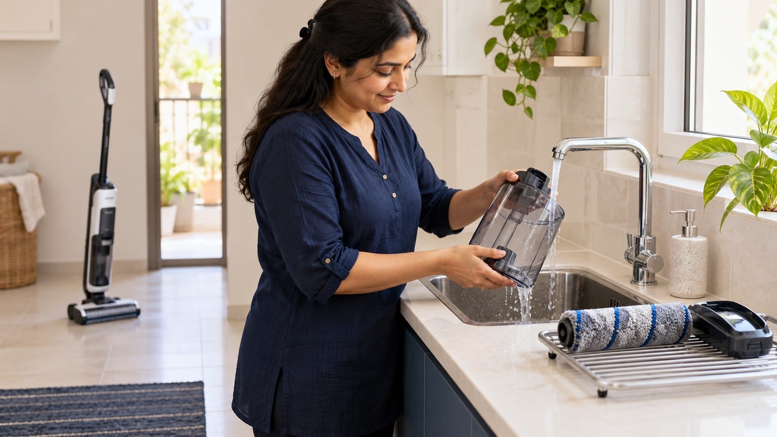 Indian homeowner rinsing a floor washer tank while the removable brush roll rests on a drying rack.