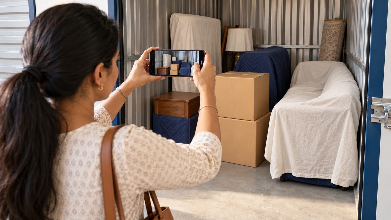 Indian woman photographing covered furniture and labelled boxes to create a storage inventory.