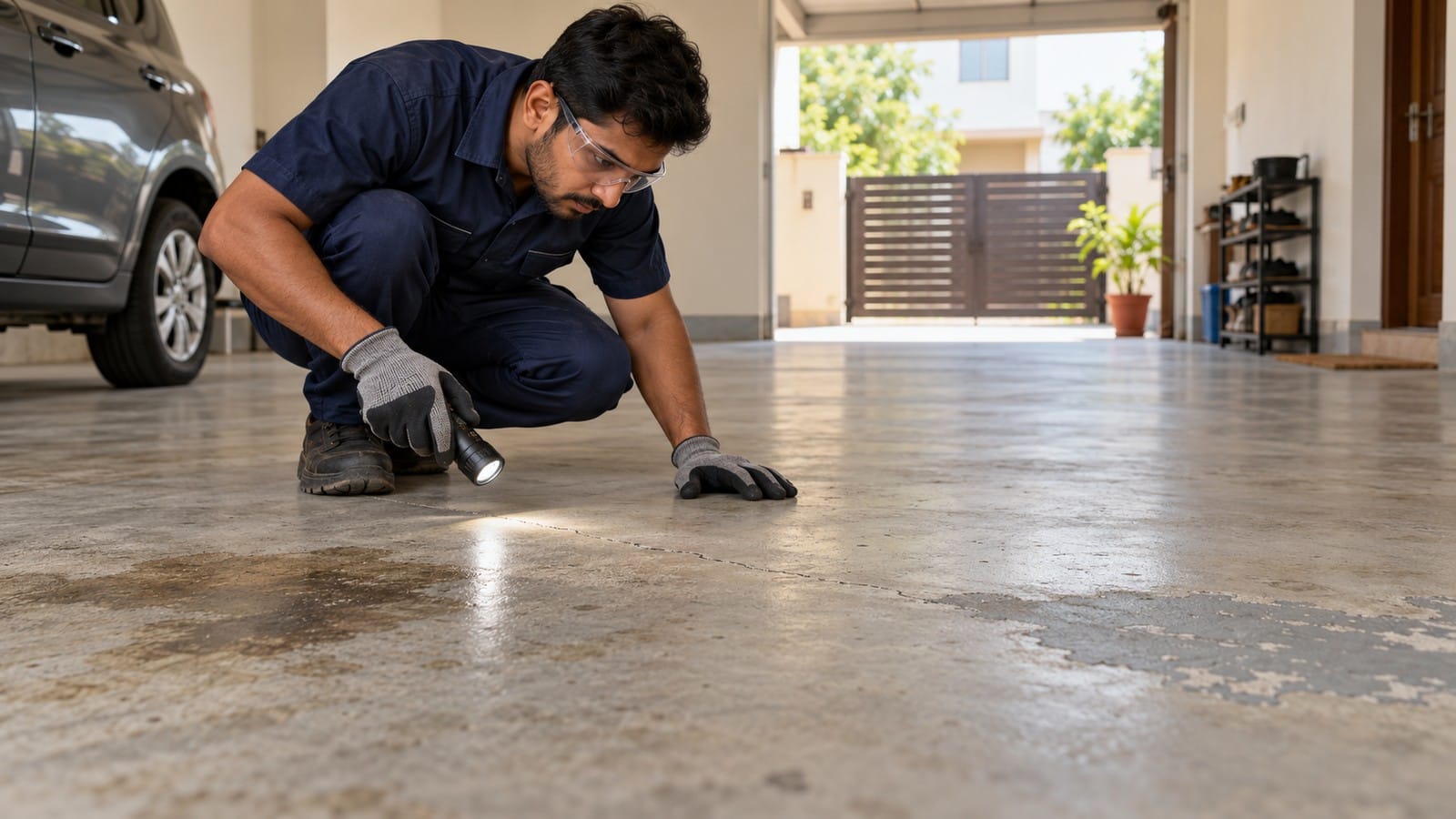 Indian installer inspecting cracks, oil stains and worn coating on a garage concrete slab.