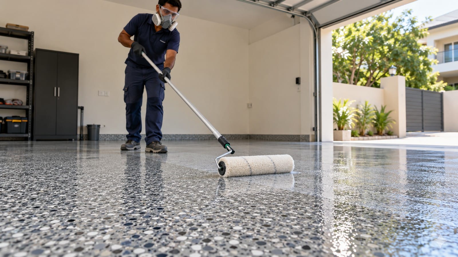 Installer rolling a clear protective topcoat over decorative garage floor flakes.
