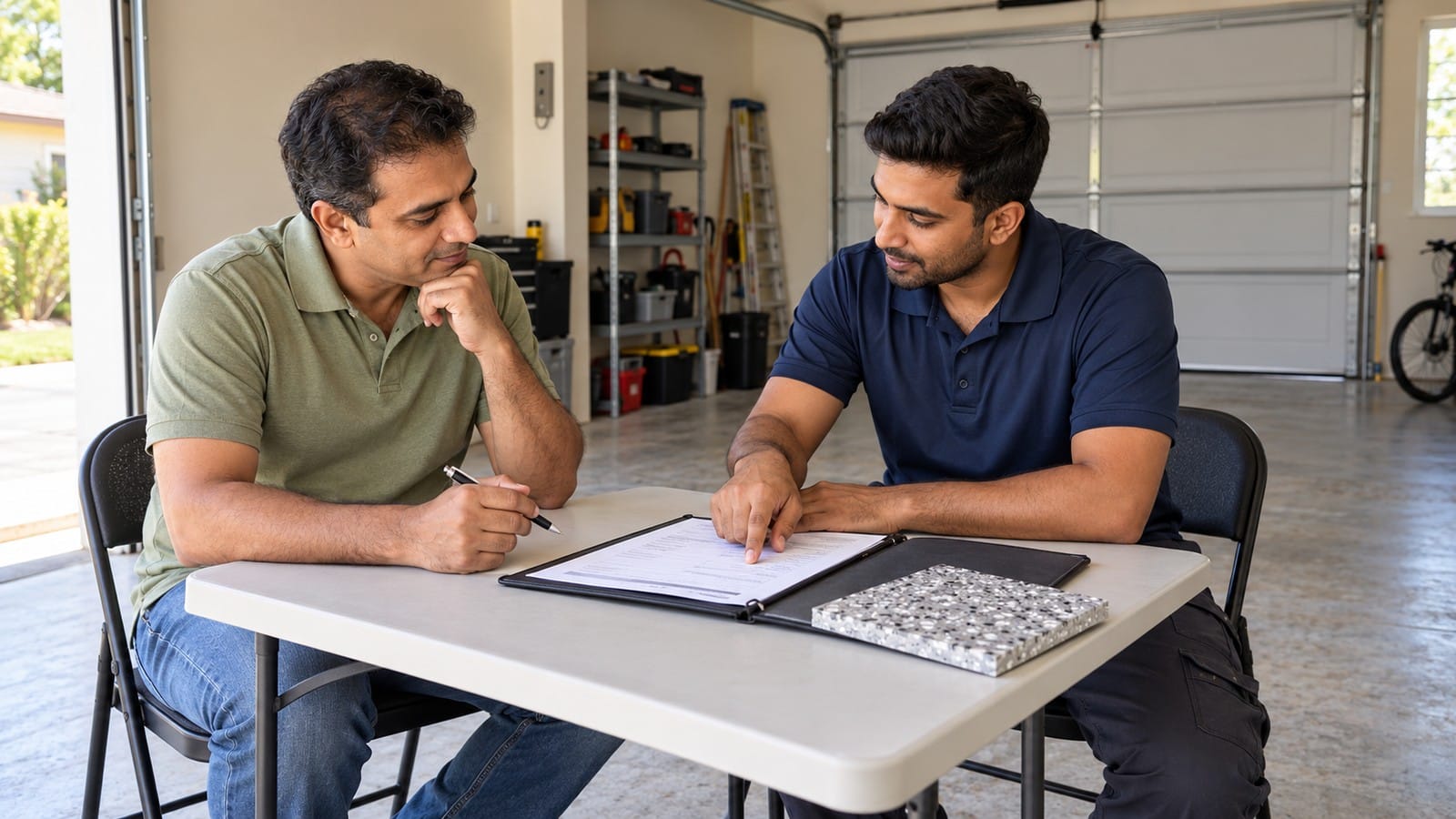 Indian homeowner reviewing a written garage flooring quote with a contractor beside a coating sample.