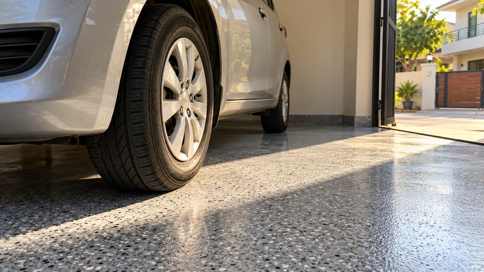Car tyre resting on a coated garage floor exposed to sunlight through the open doorway.