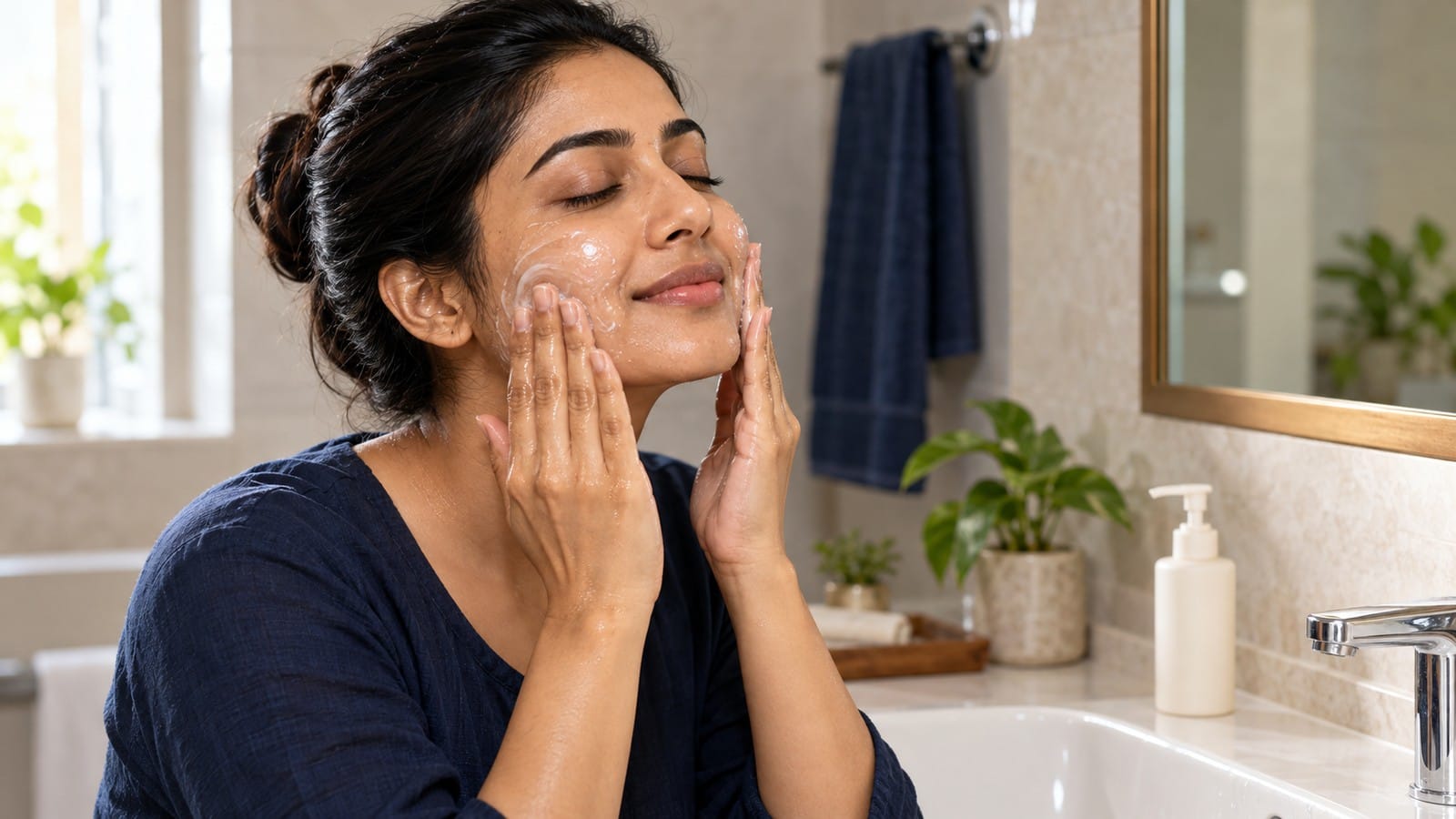 Indian woman gently massaging facial cleanser onto her cheeks during her skincare routine.
