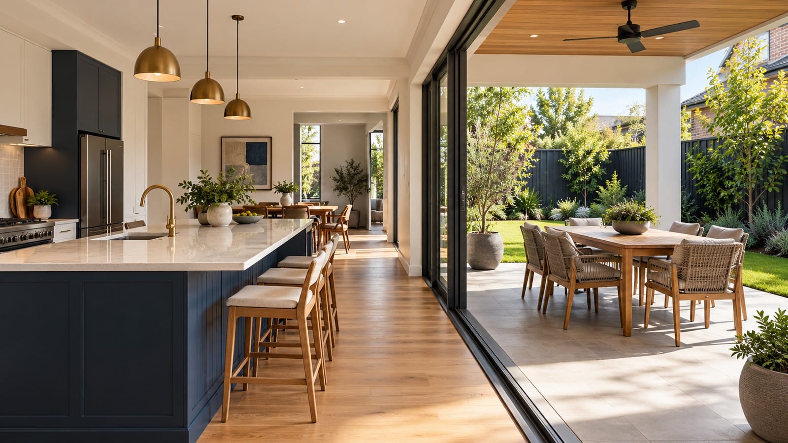 Family kitchen connecting directly to a covered outdoor dining area through sliding doors.