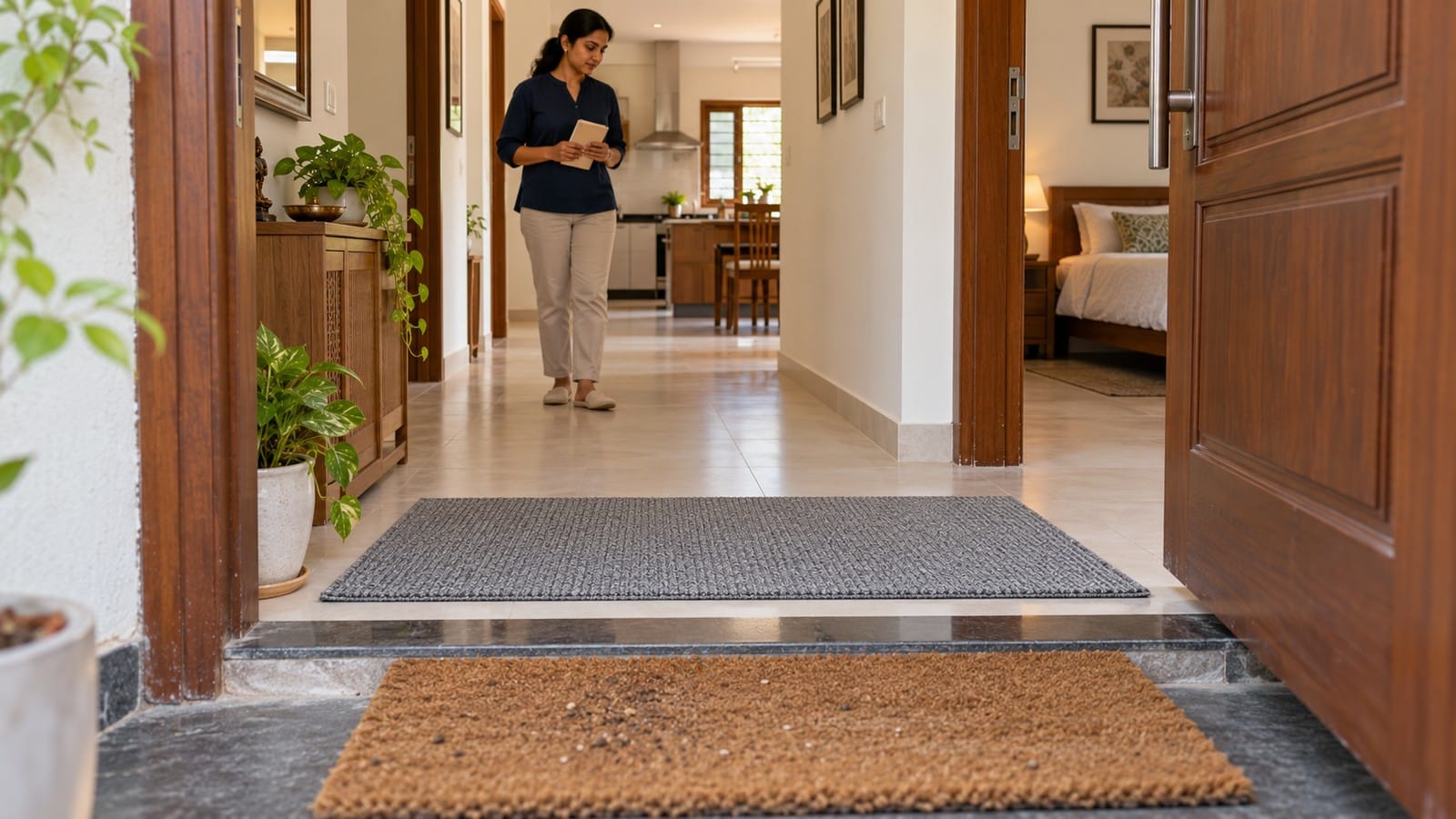 Outdoor coir mat and indoor runner protecting a busy Indian home entryway from tracked-in grit.