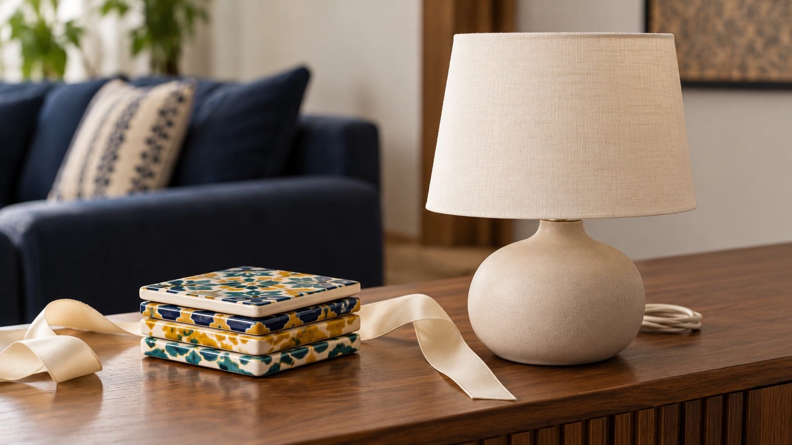 Colourful ceramic coasters and an elegant table lamp illustrating decor gift choices for birthdays and anniversaries.