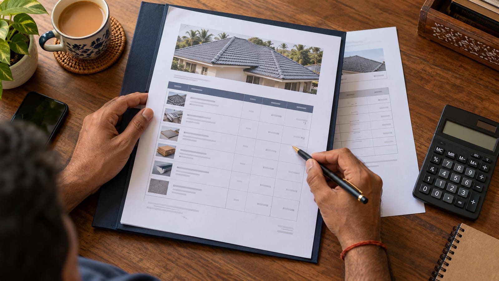 Homeowner reviewing an itemised roofing estimate with a pen and calculator.