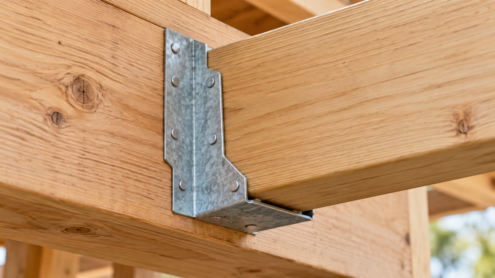 Close-up of a galvanised joist hanger supporting a timber connection.