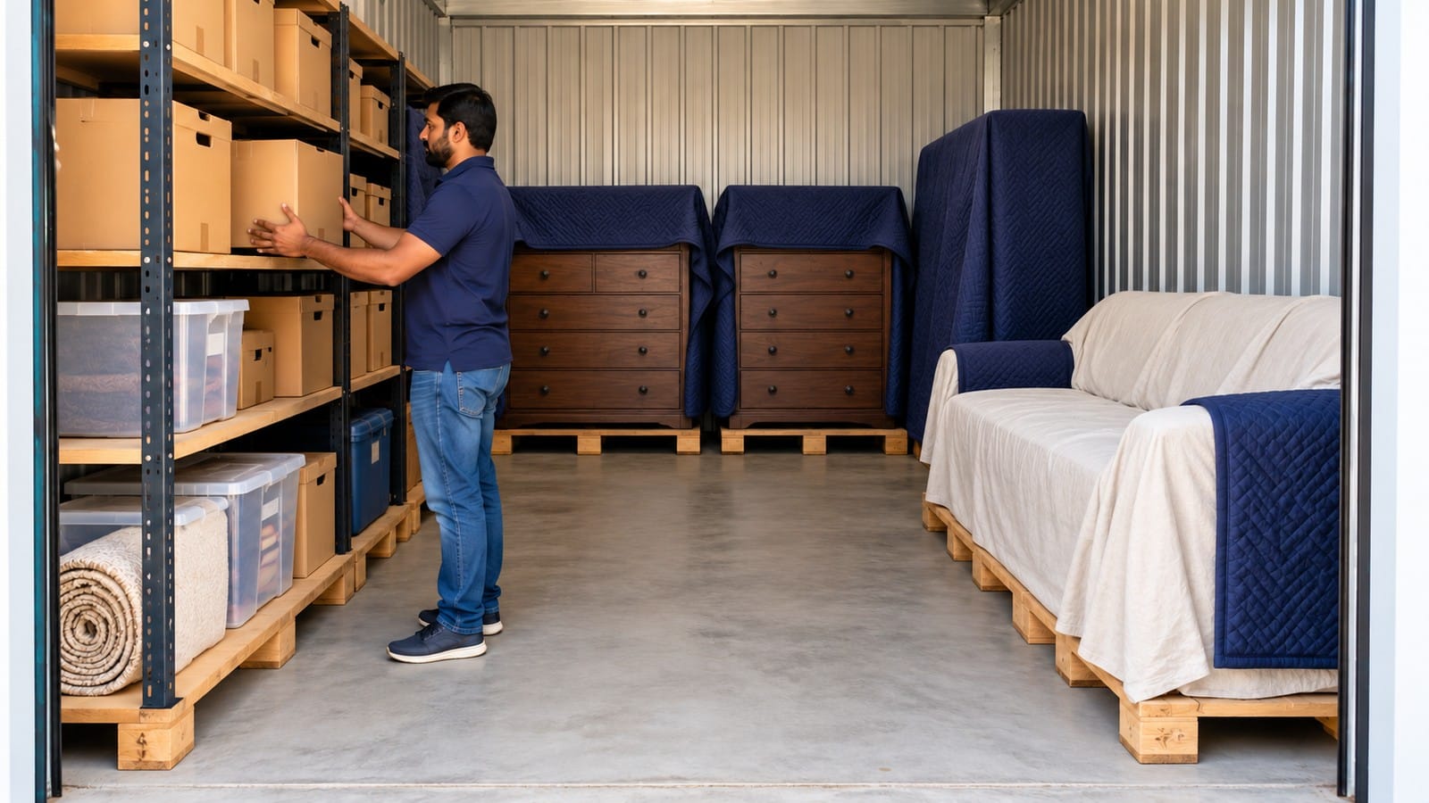Covered furniture raised on pallets inside a storage unit with shelving and a clear central walkway.
