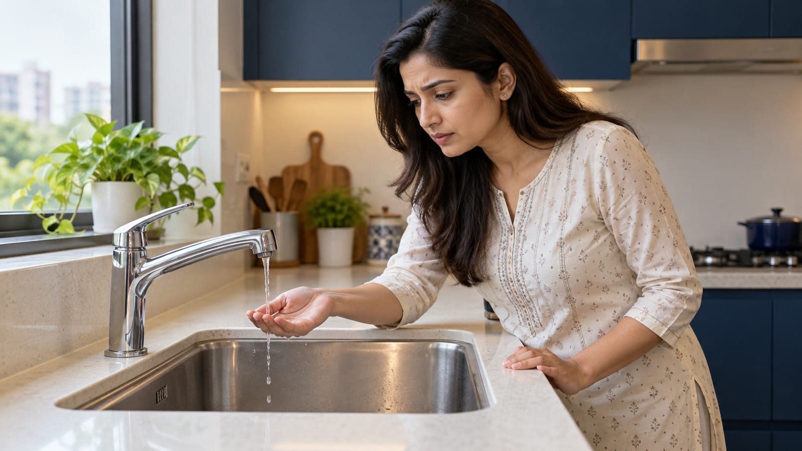 Indian homeowner checking weak water flow from a kitchen tap, a sign that may need professional assessment.
