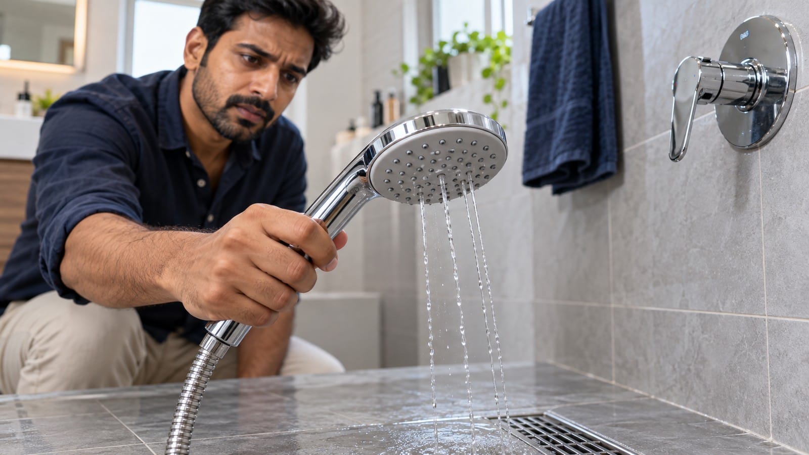 Indian homeowner checking unusually weak water flow from a handheld shower head.