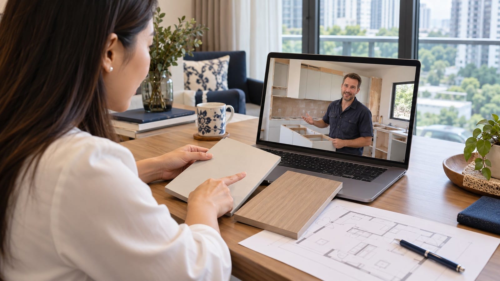 Buyer in Singapore discussing kitchen finishes with a New Zealand builder over a video call.