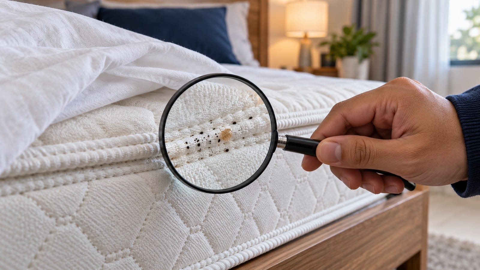 Magnifying glass revealing dark spots and a suspected shed insect skin along a mattress seam.