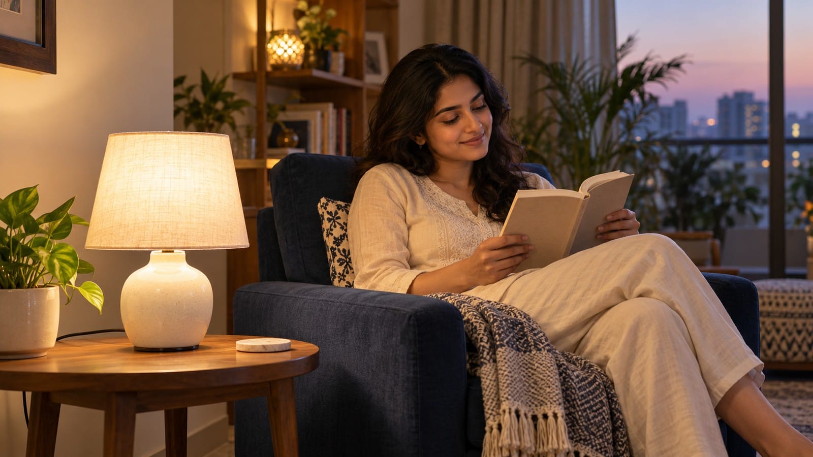 Indian woman enjoying a quiet reading corner lit by a decorative table lamp, showing a meaningful gift in everyday use.