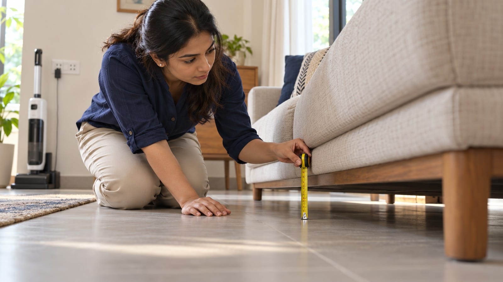 Indian homeowner measuring sofa clearance before choosing a floor-cleaning tool.