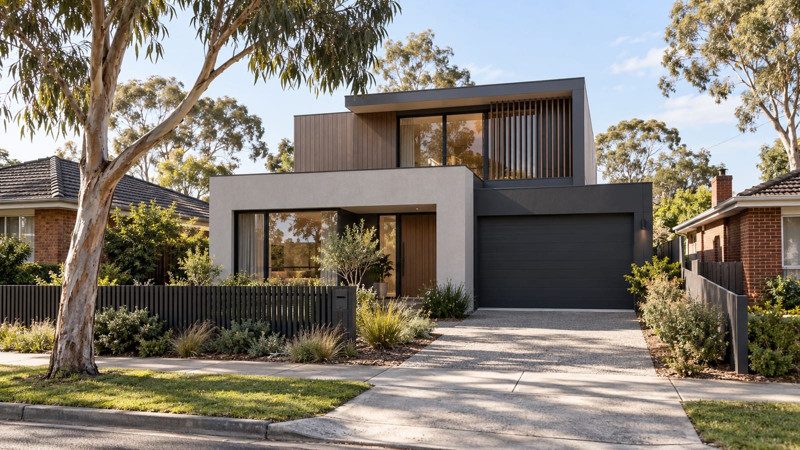 Double-storey suburban home with a recessed upper level and window privacy screening.