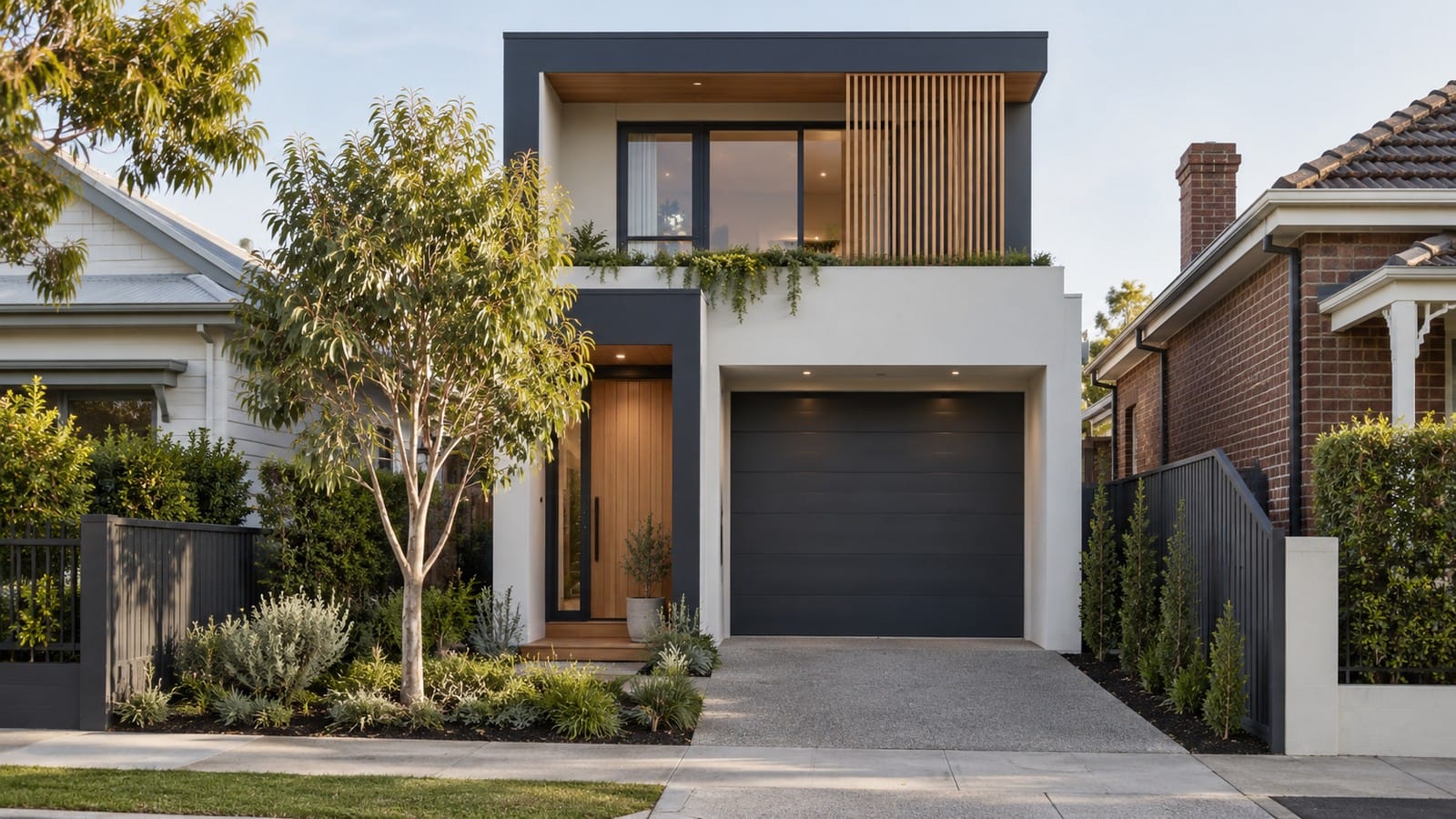 Narrow-lot two-storey home with a recessed garage, separate pedestrian entry and front planting.