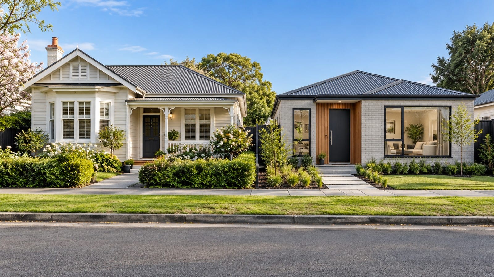 Established weatherboard bungalow beside a contemporary brick home, illustrating housing choices in Canterbury.