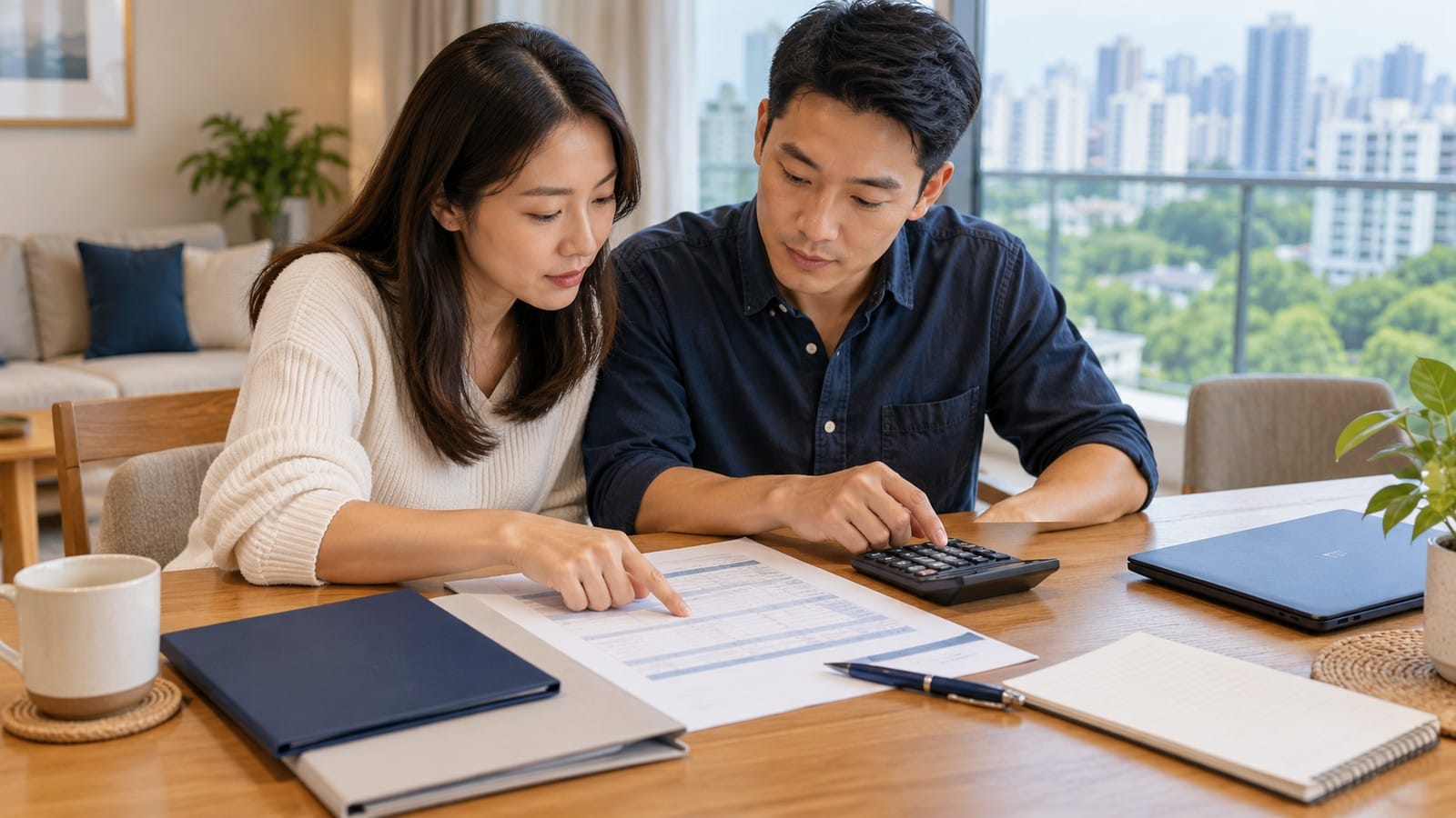 Singaporean couple reviewing property ownership costs and paperwork with a calculator before buying a New Zealand home.