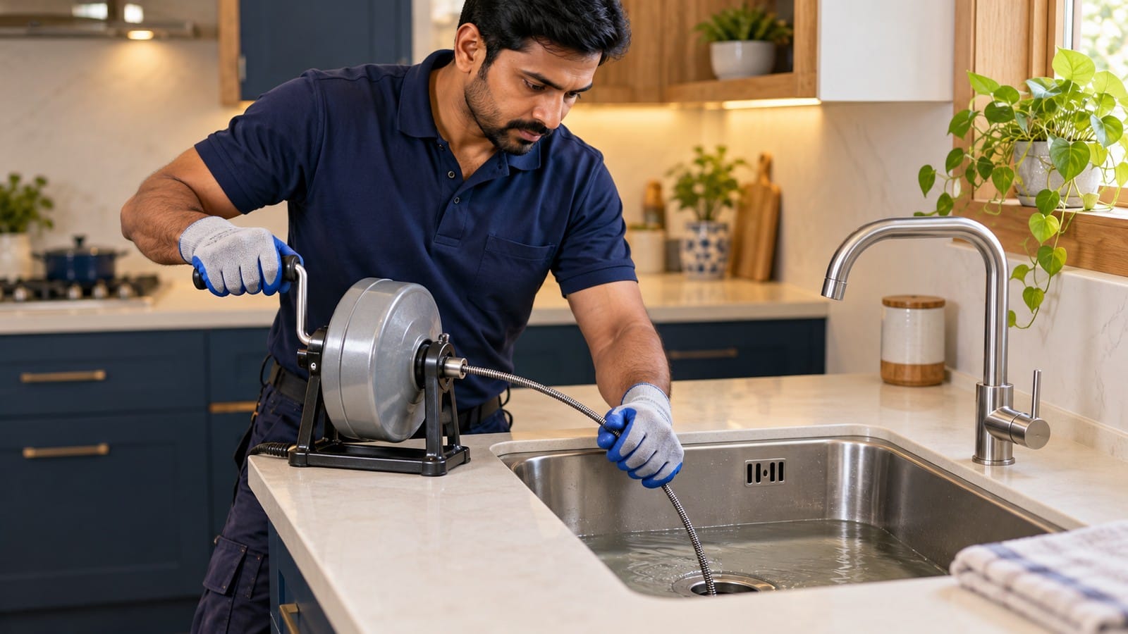 Indian plumber using a manual drain-cleaning cable to clear a blocked kitchen sink.