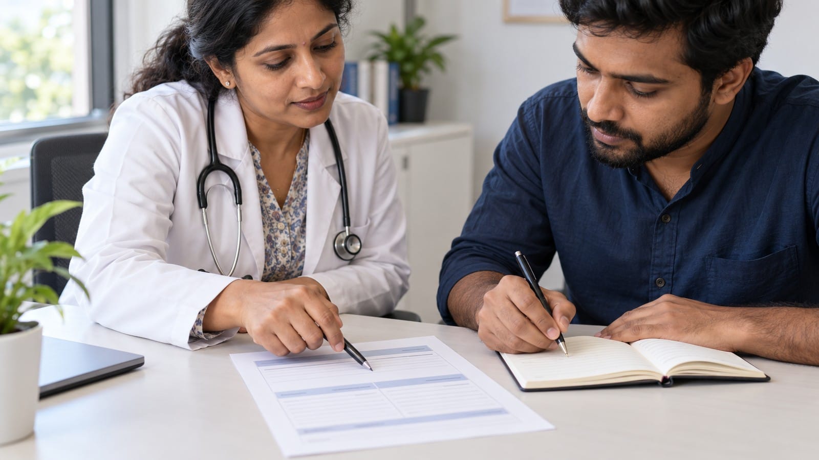 Indian clinician and patient reviewing an individual care plan and noting personal needs together.