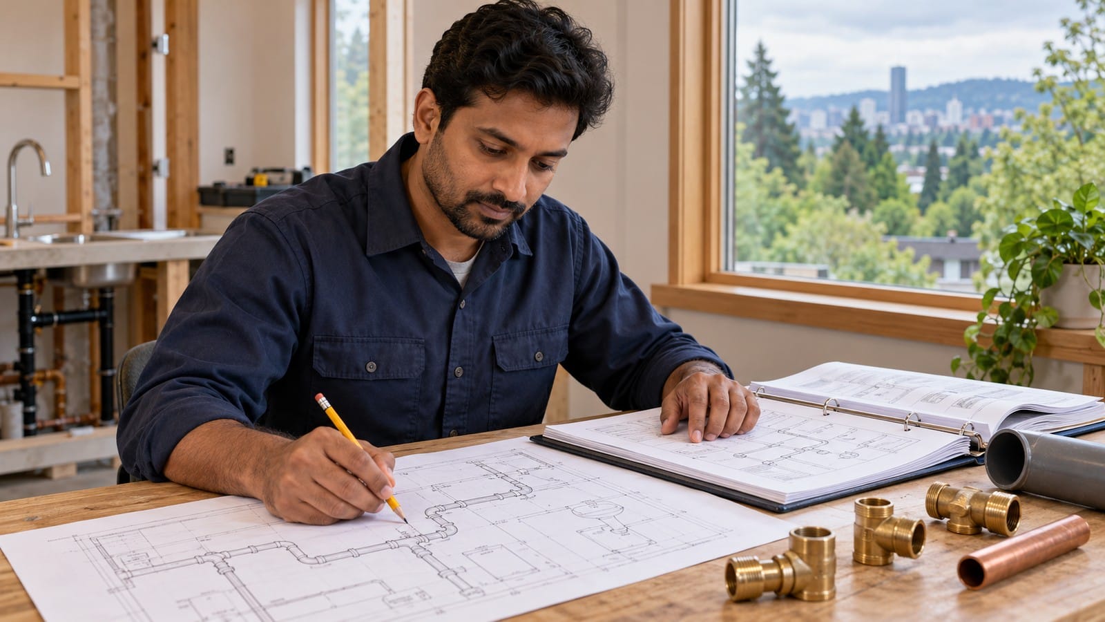 Indian-origin plumber reviewing installation drawings and technical reference material before work.