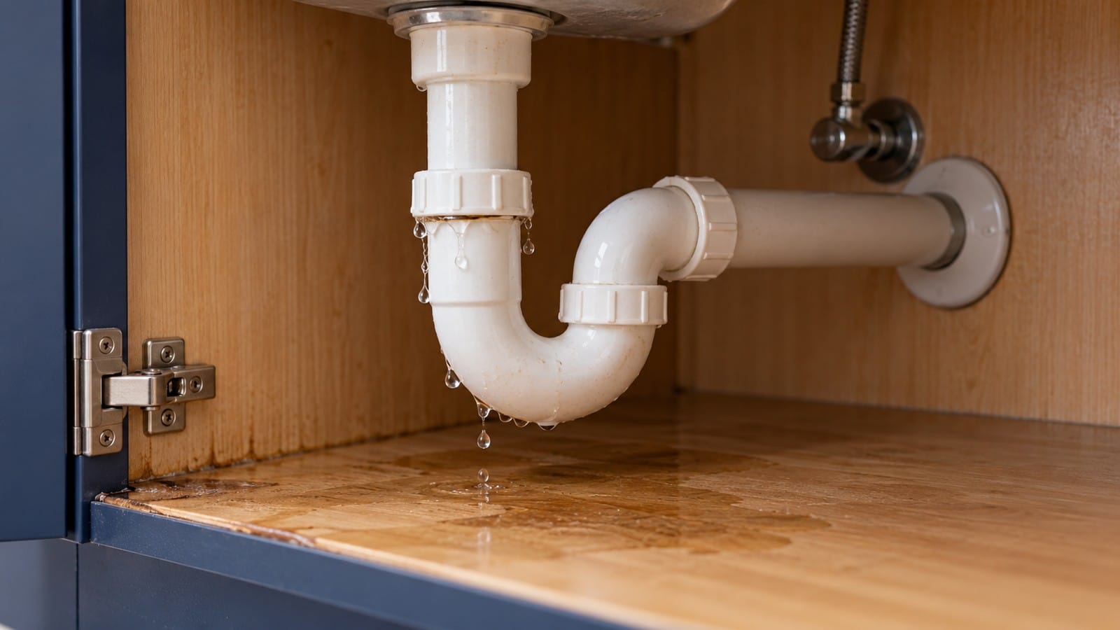 Leaking drain-pipe joint causing a damp patch and early water damage inside a sink cabinet.
