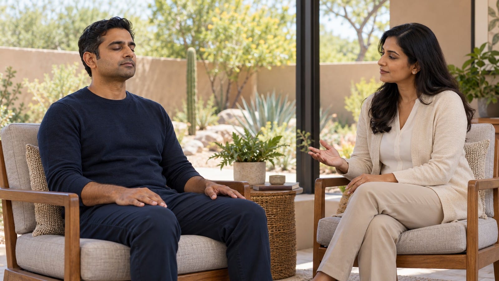 Indian-origin adult practising a guided mindfulness exercise with a counsellor as part of ongoing aftercare.