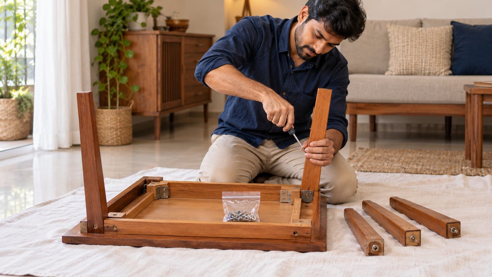 Indian homeowner dismantling a wooden table and collecting hardware before furniture storage.