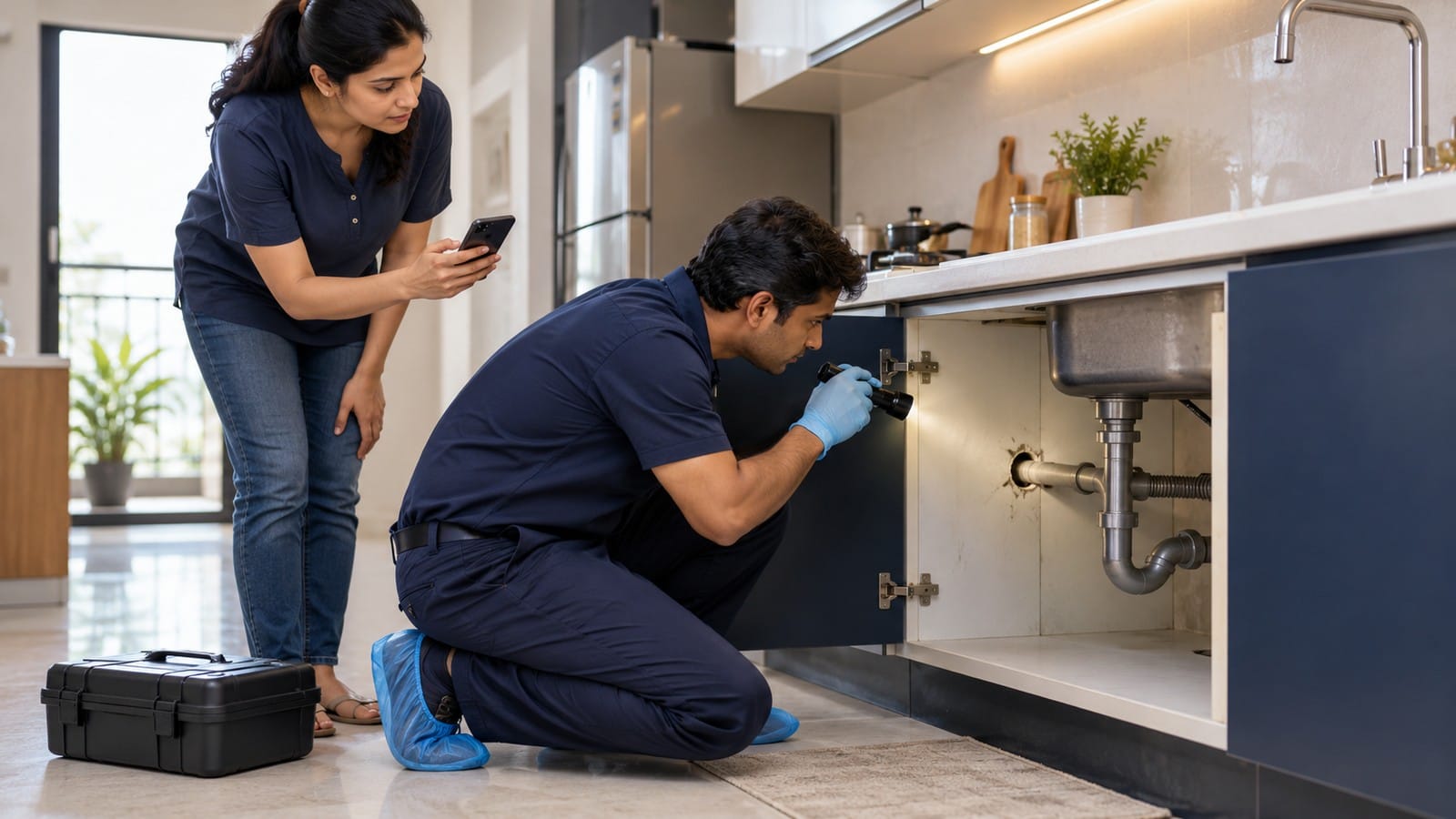 Pest professional inspecting a kitchen cabinet entry gap while a homeowner shares documented observations.