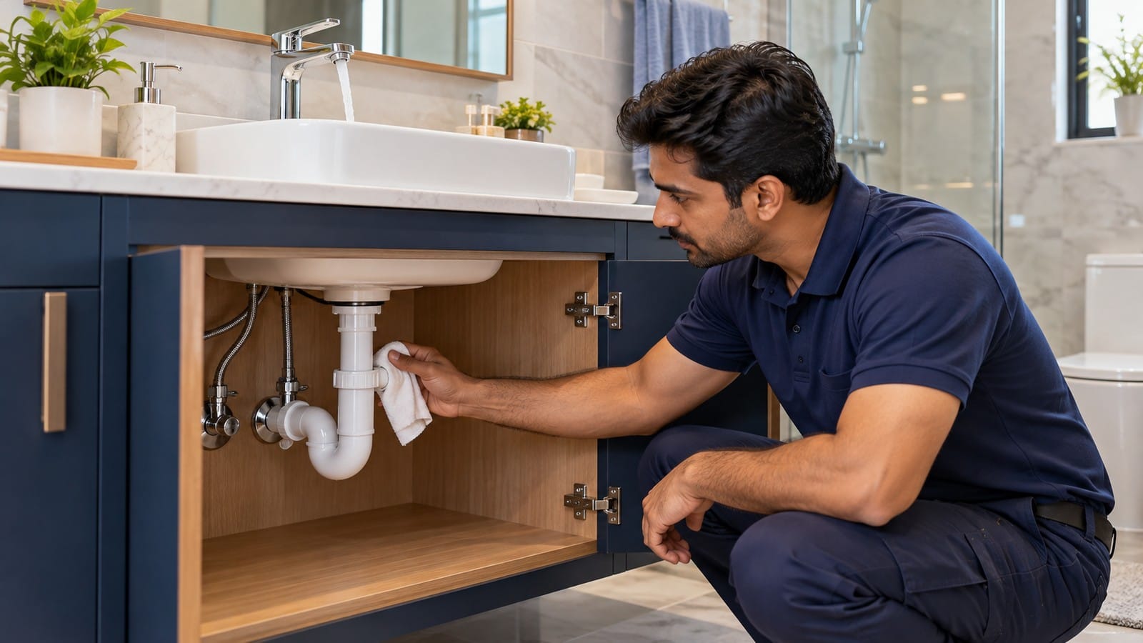 Indian plumber checking a completed basin installation for leaks while water runs through the drain.