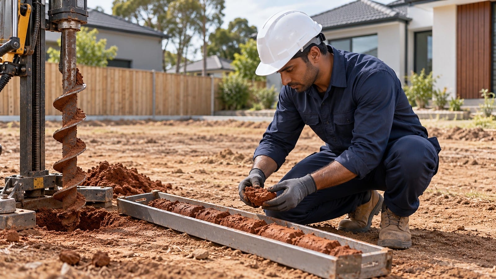 Geotechnical professional examining clay soil samples before residential foundation design.