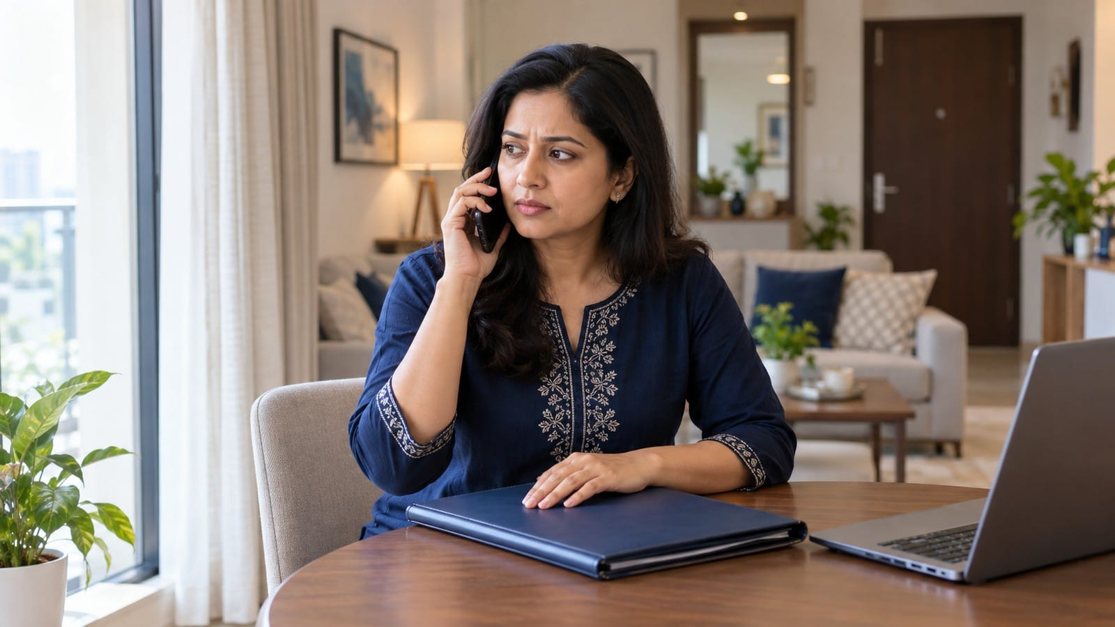 Indian homeowner cautiously assessing a buyer phone inquiry while keeping personal property documents closed.