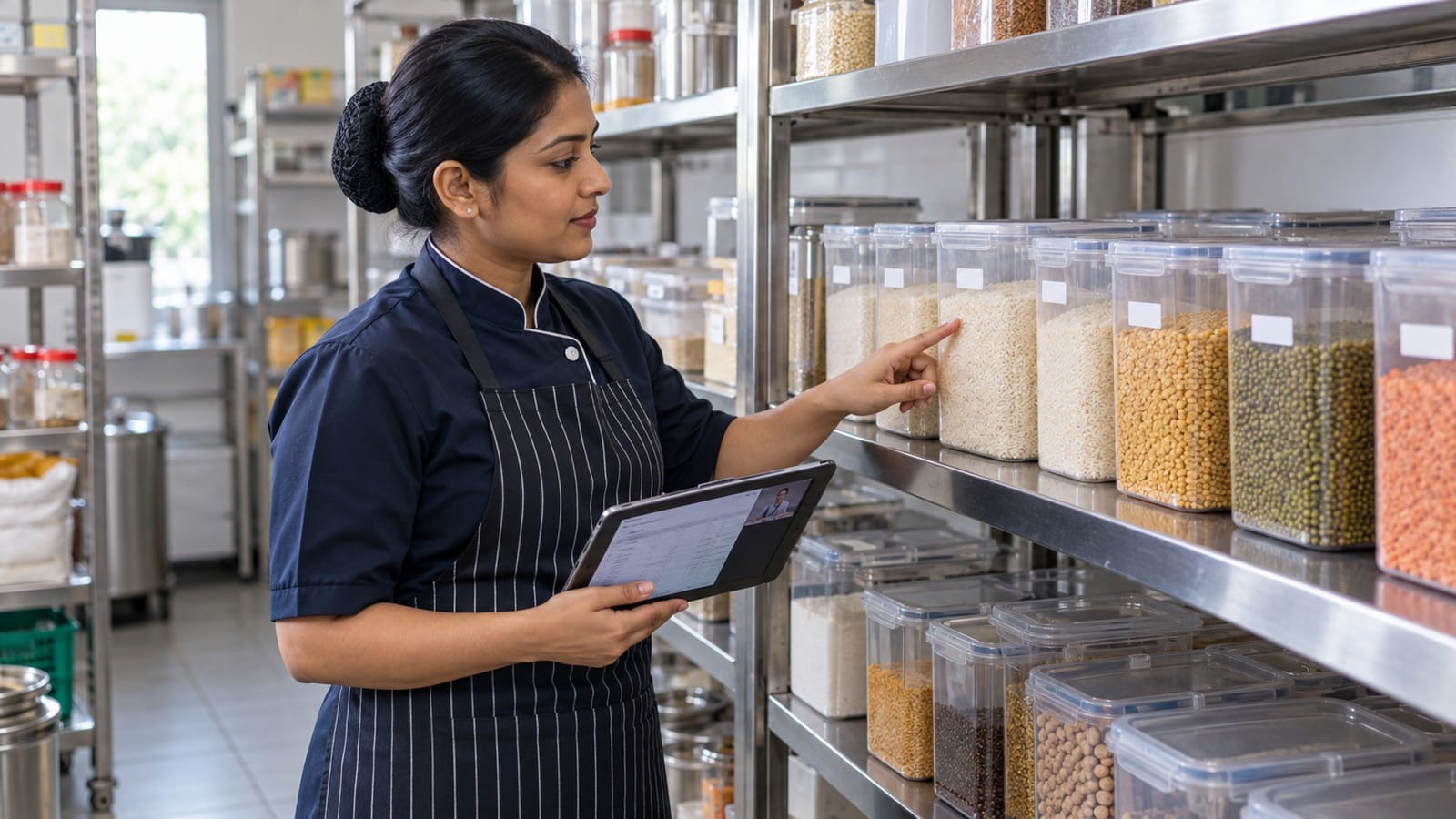 Indian restaurant manager counting sealed ingredient containers and recording inventory on a tablet.