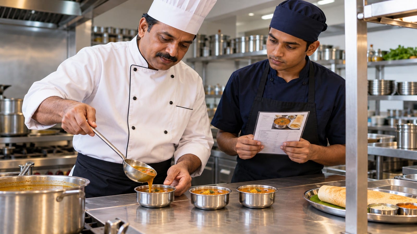 Indian chef teaching a standard serving method with a measured ladle and written recipe reference.