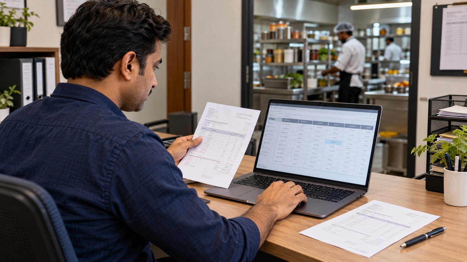 Indian restaurant manager comparing supplier invoices with ingredient-pricing software.