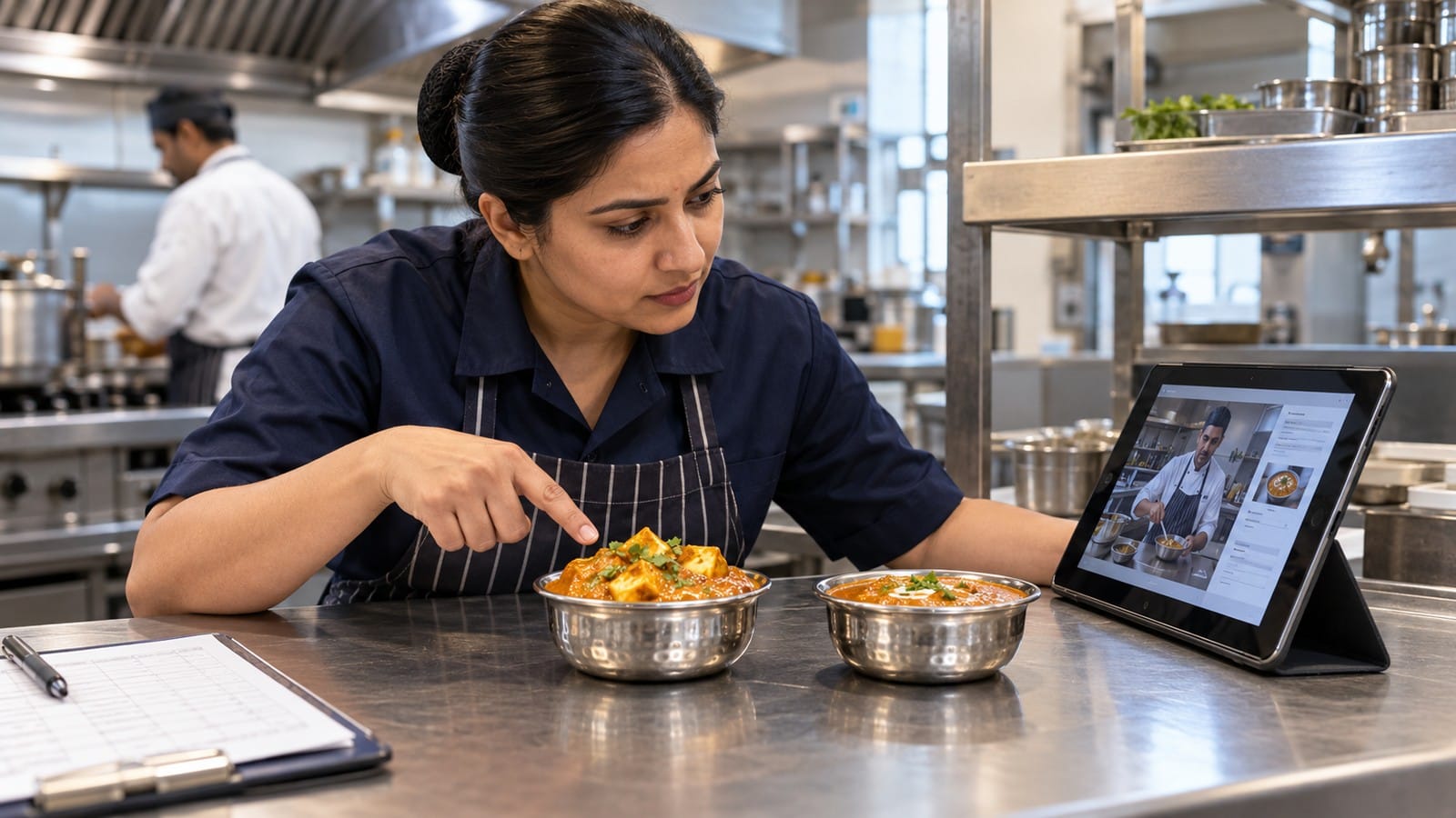 Indian restaurant manager comparing inconsistent curry portions during a training-led food-cost review.