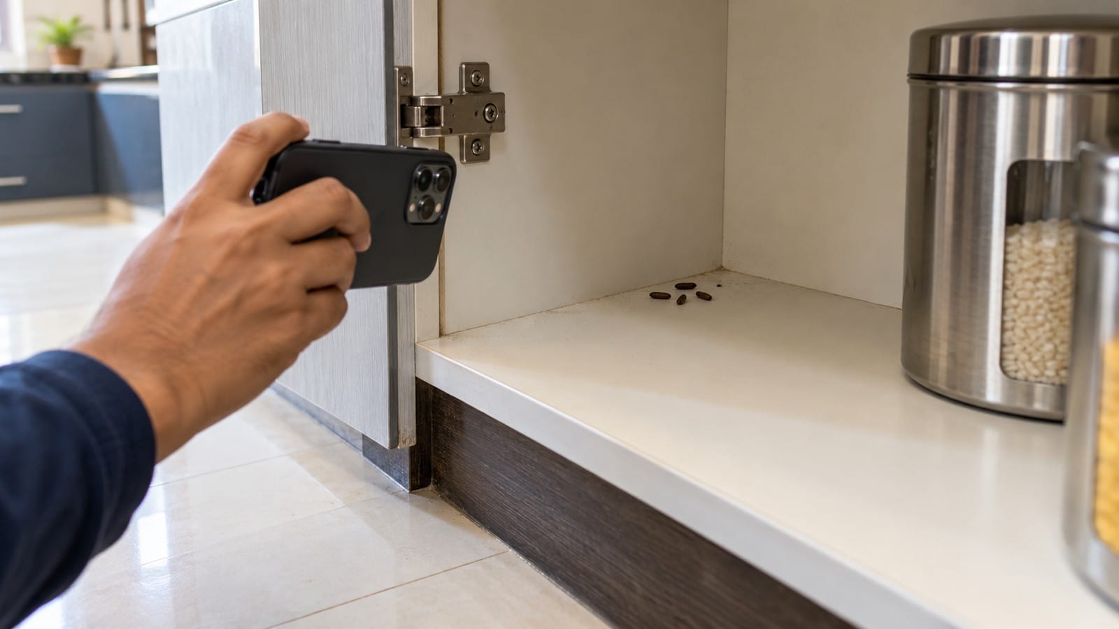 Homeowner photographing suspected rodent droppings inside a pantry cabinet without disturbing them.