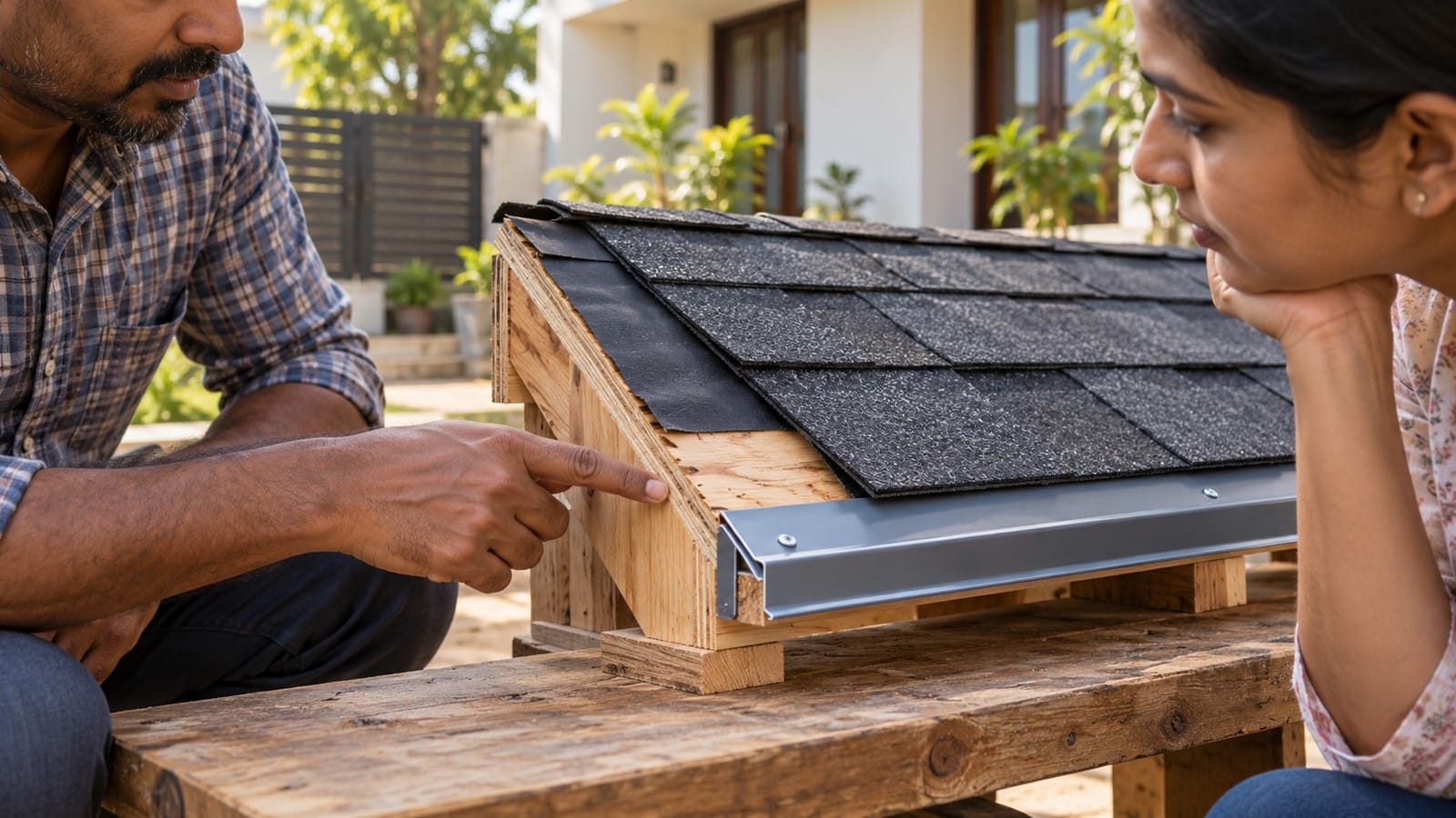 Contractor explaining roof decking, underlayment and shingles using a physical roofing sample.