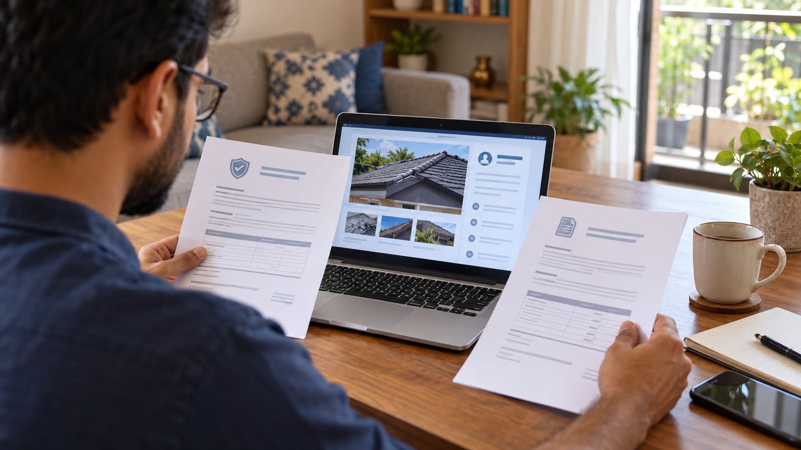 Indian homeowner checking roofing contractor credentials and insurance documents.