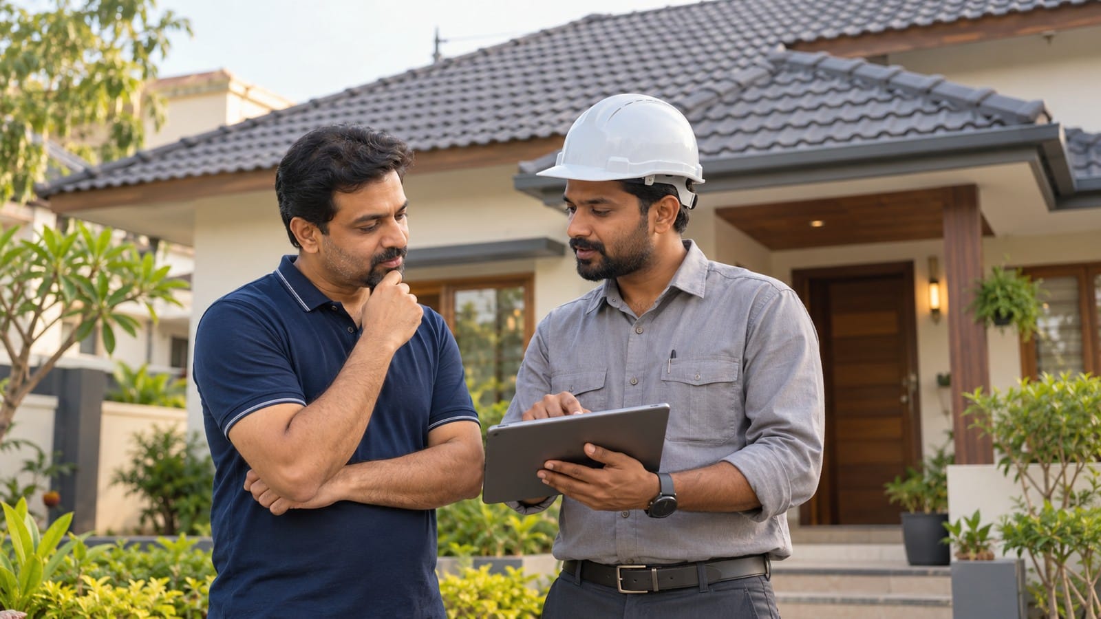 Indian homeowner discussing the roofing project schedule with a site supervisor.