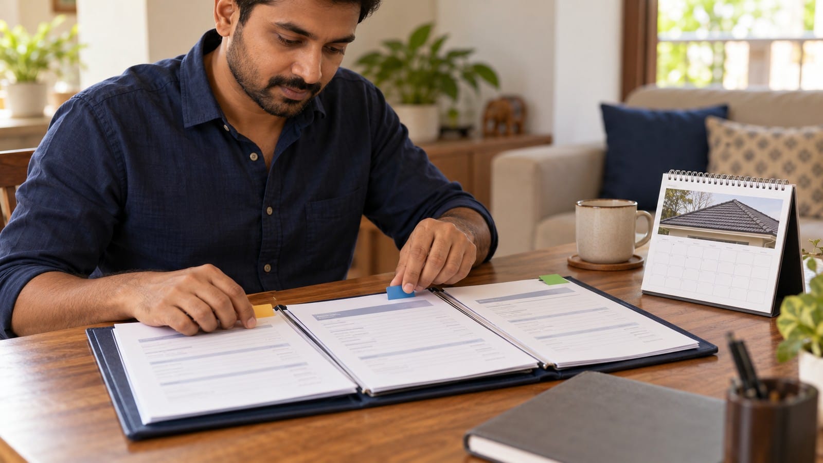 Homeowner reviewing staged roofing payment terms beside a project calendar.