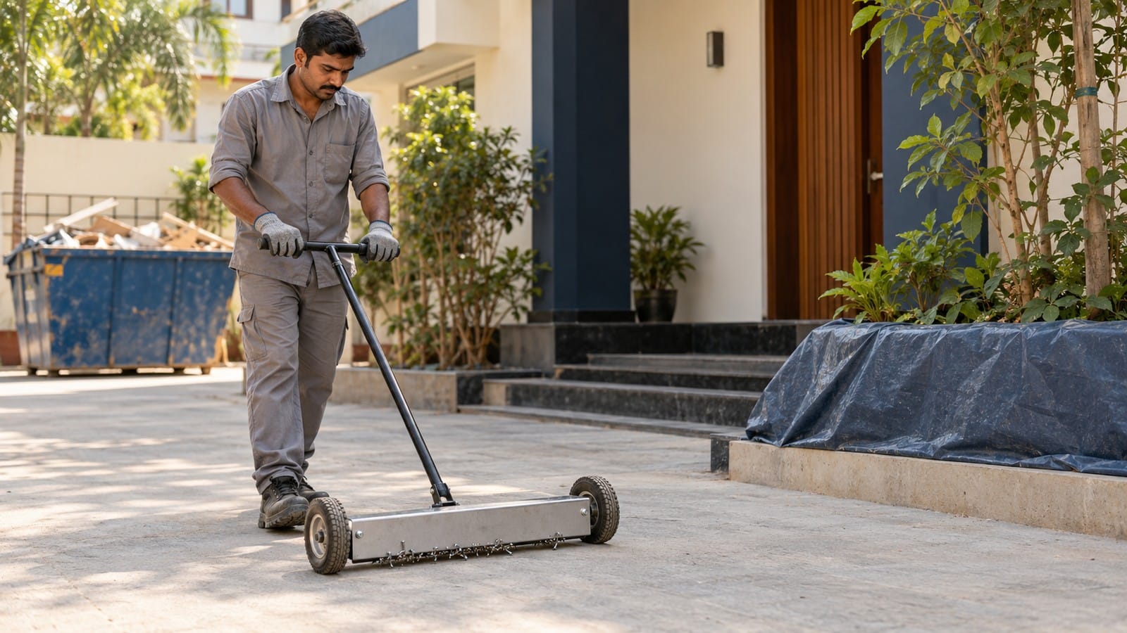 Roofing worker collecting nails with a magnetic sweeper beside protected landscaping.