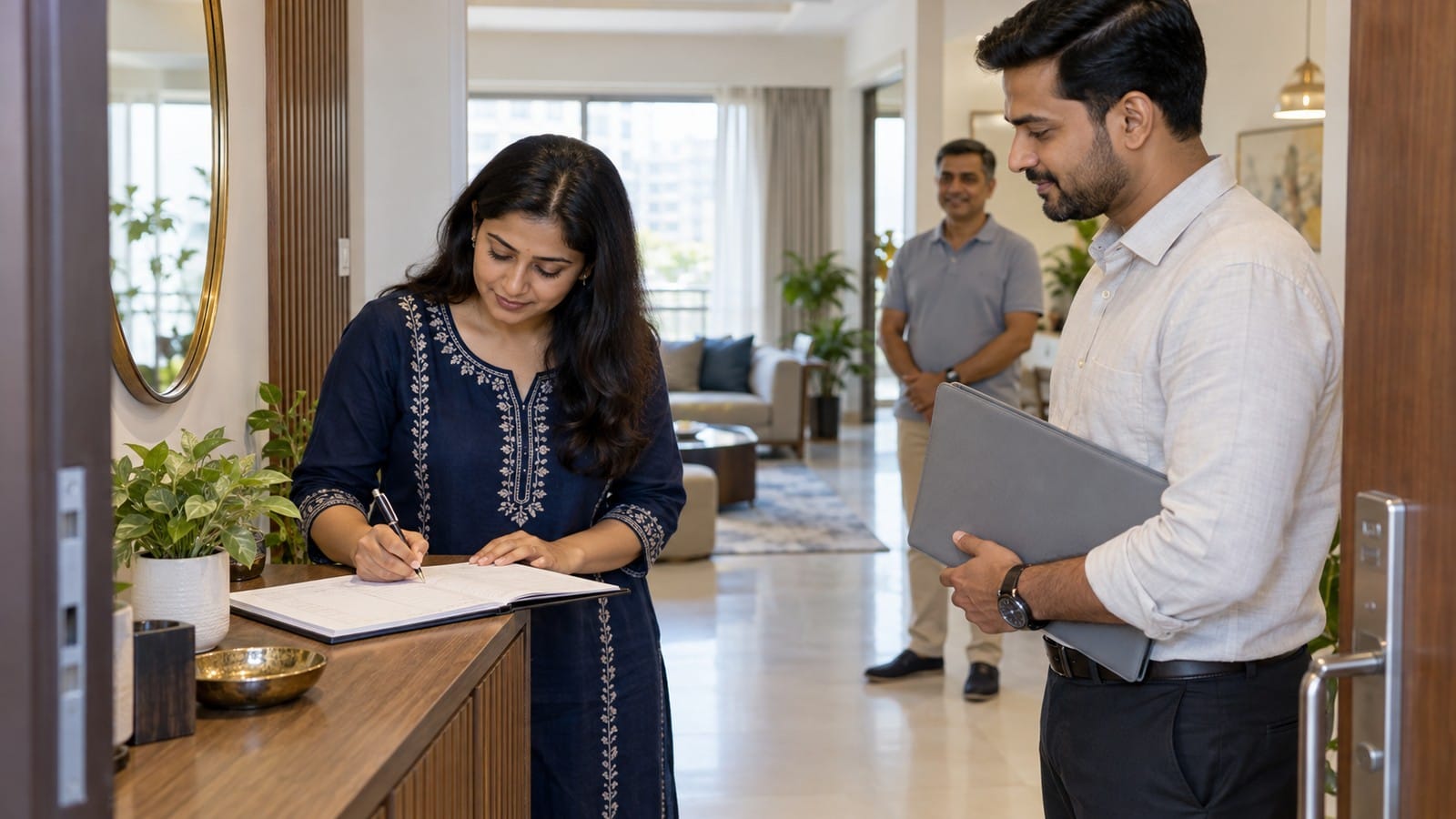 Indian homeowner recording visitor details before a scheduled property viewing, with another household adult present.
